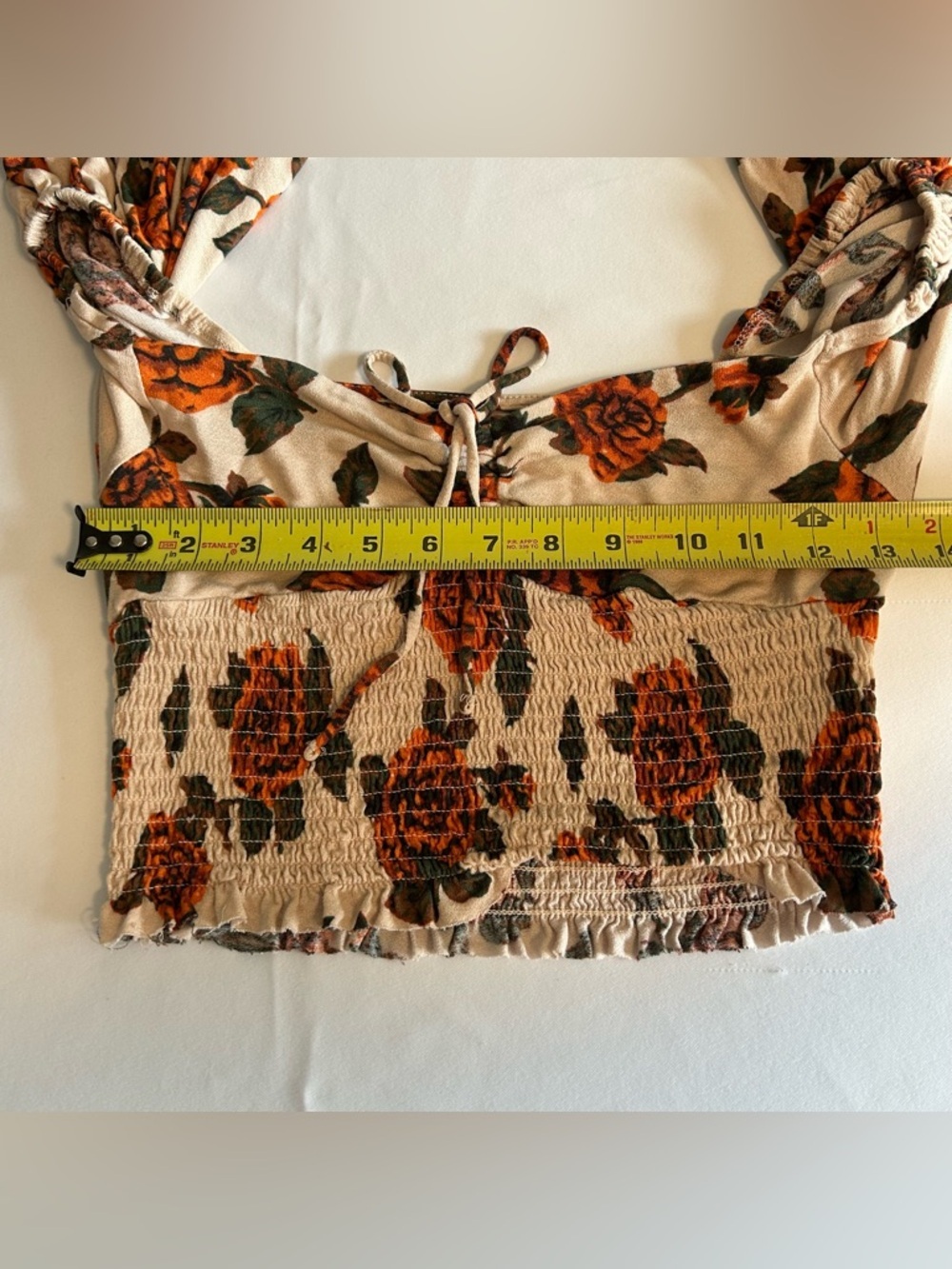 Urban Outfitters Cream Floral Tie-Front Smocked Blouse with Orange Roses size M - Picture 9 of 10